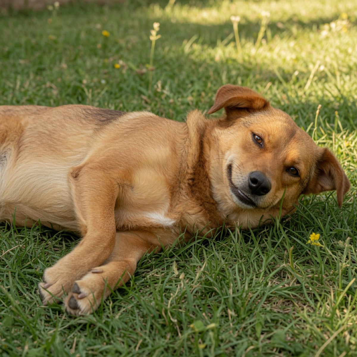 A healthy brown dog lying in the grass