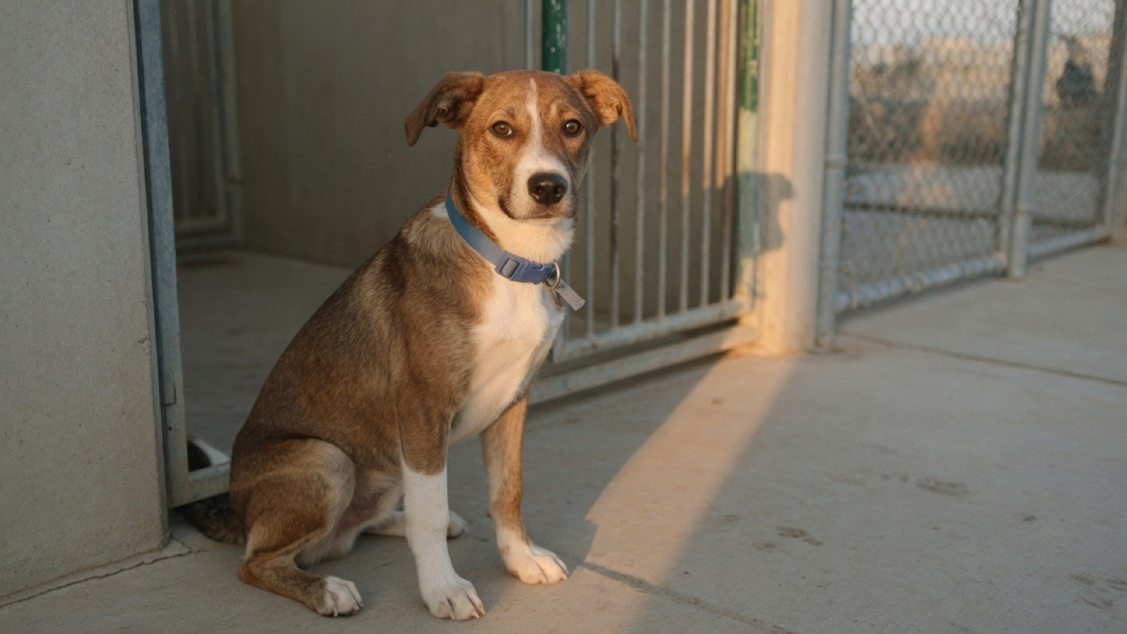 A shelter dog waiting in a kennel doorway