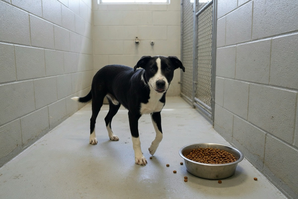 A black and white shelter dog standing beside a bowl of food
