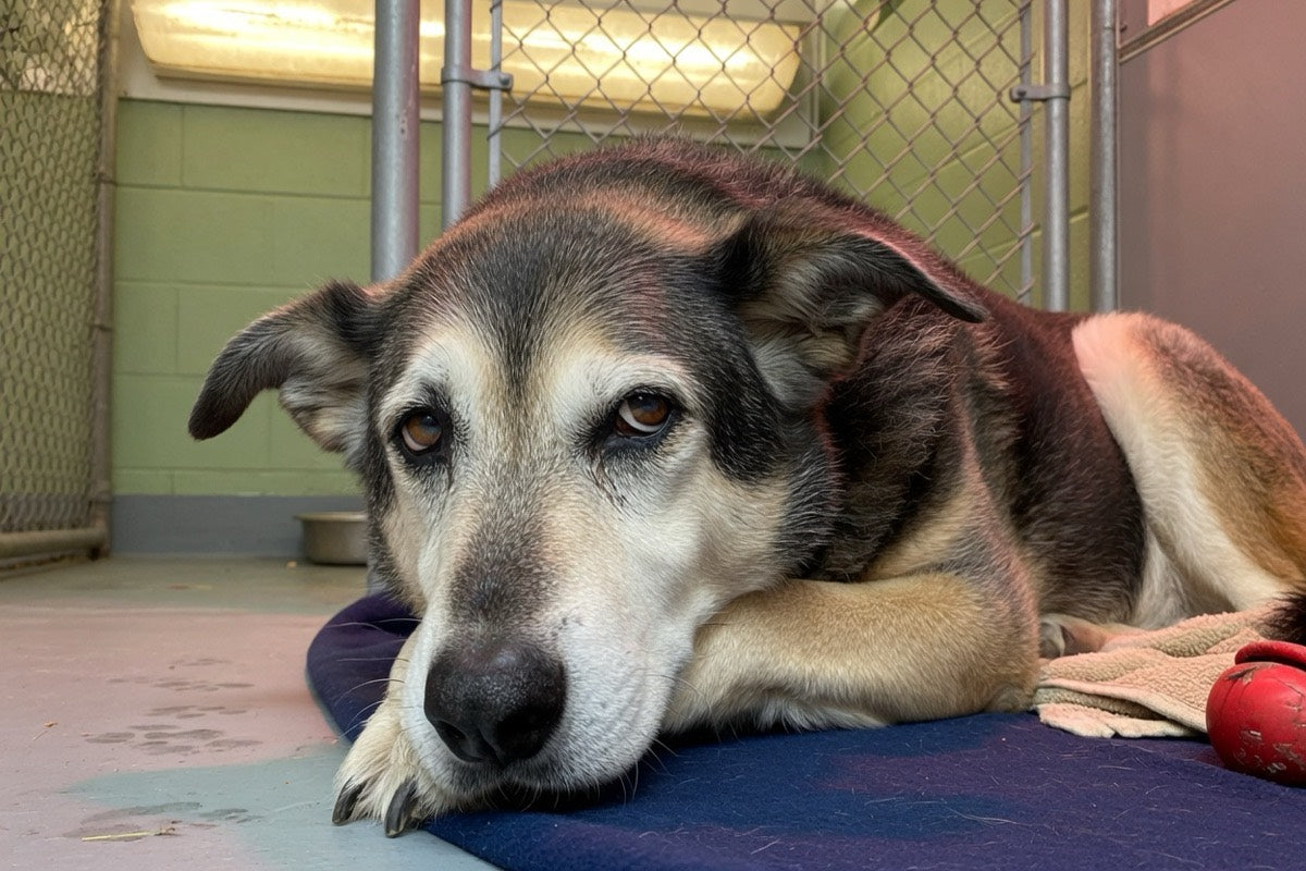 An older shelter dog resting on a mat