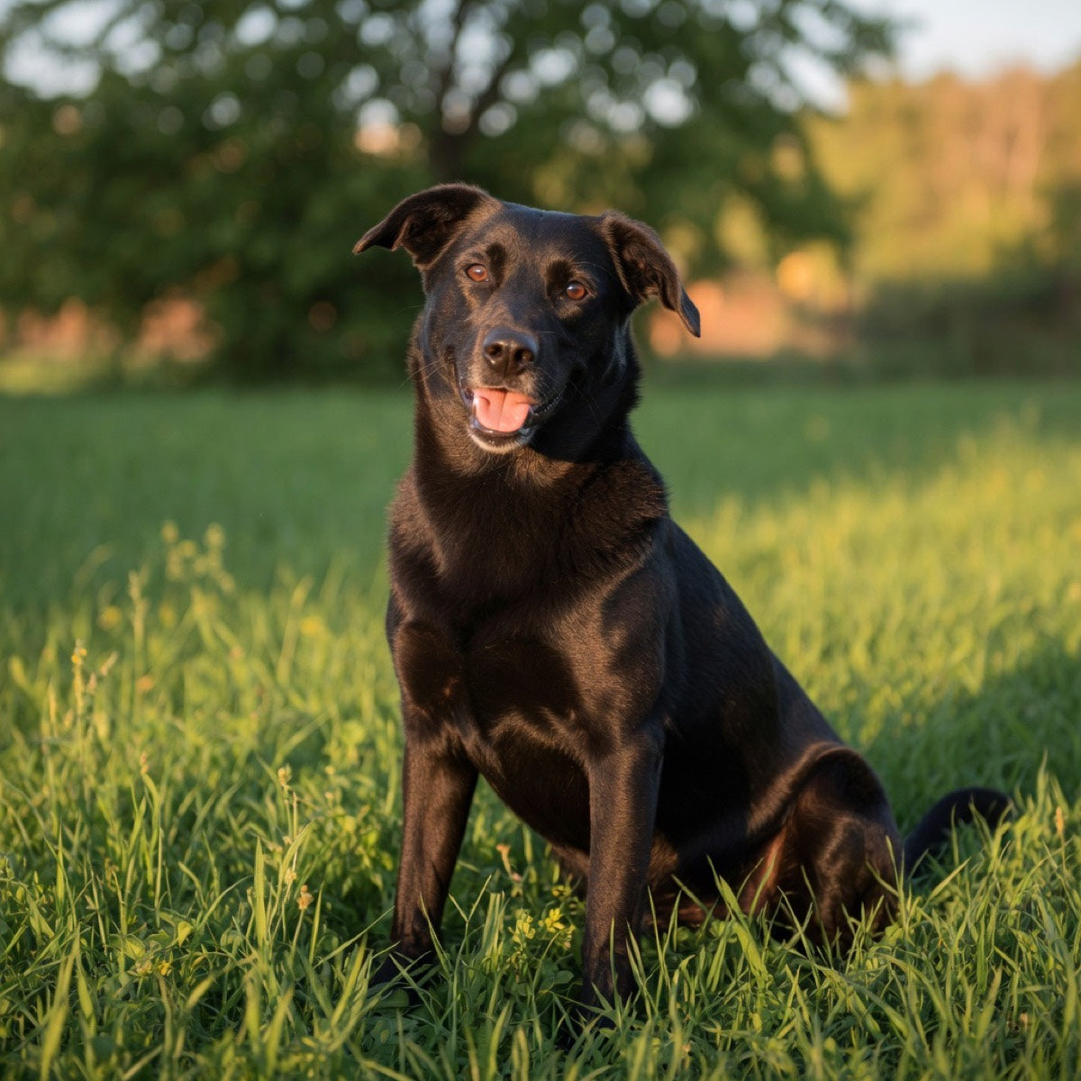 A healthy black dog sitting in the grass