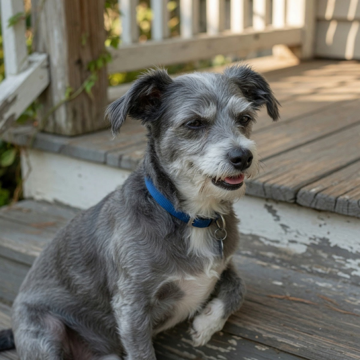 A small gray and white dog sitting on a porch