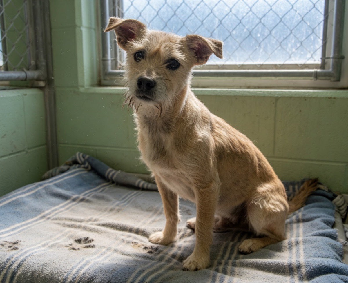 A small tan shelter dog sitting on a blanket in a kennel