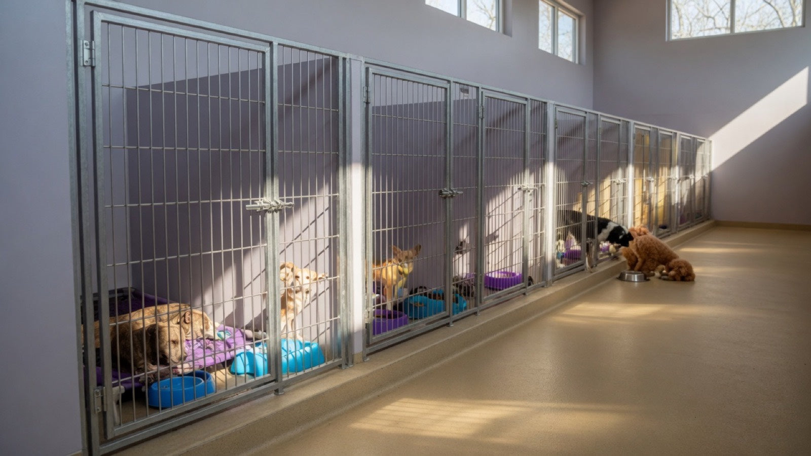 A sunlit row of kennels in a dog shelter